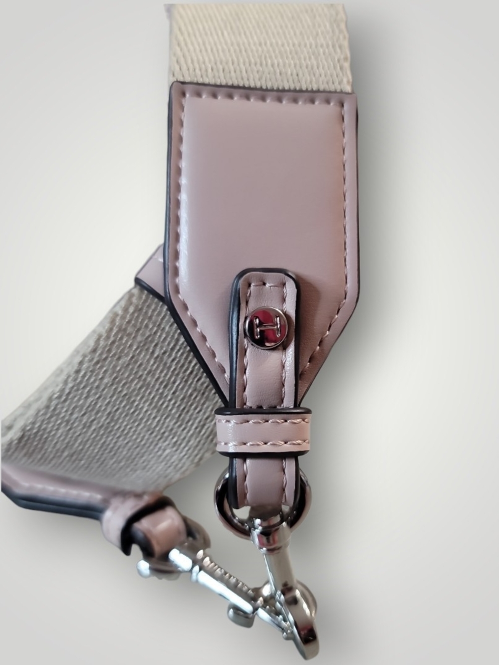 HALSTON Wide Beige Canvas Adjustable Crossbody Strap Lt.Pink Leather Accents